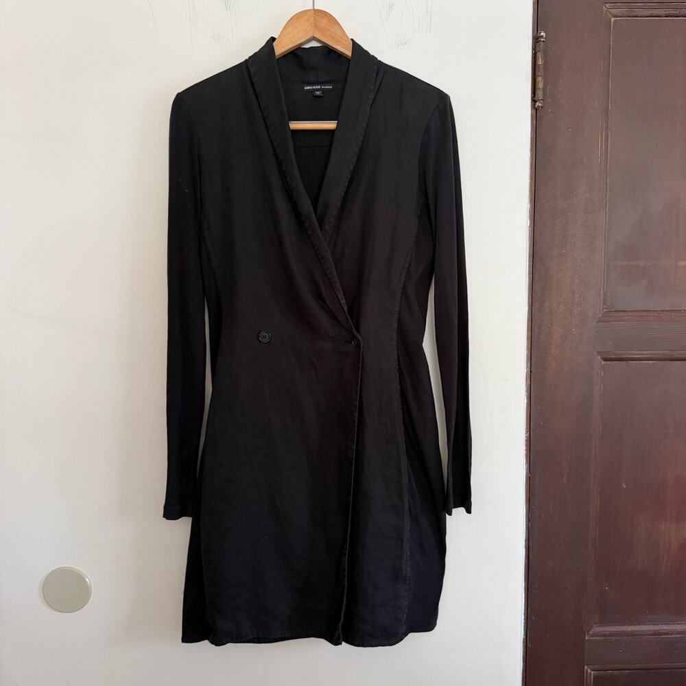 JAMES PERSE Black Linen Double Breasted Blazer Dress with Stretch Sides Large